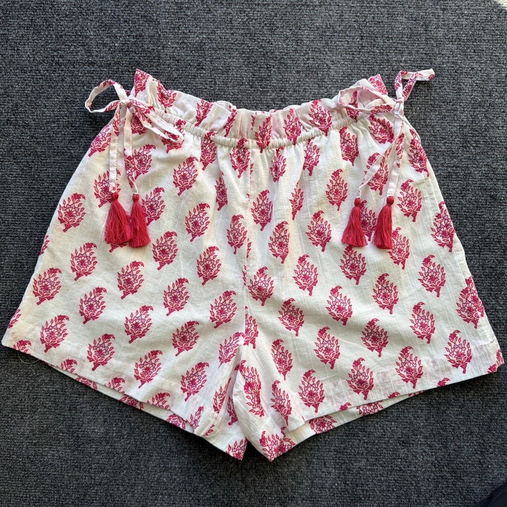 Roller Rabbit Shorts Womens Sz Small White Floral Gauze Paperbag Tassel Side Tie